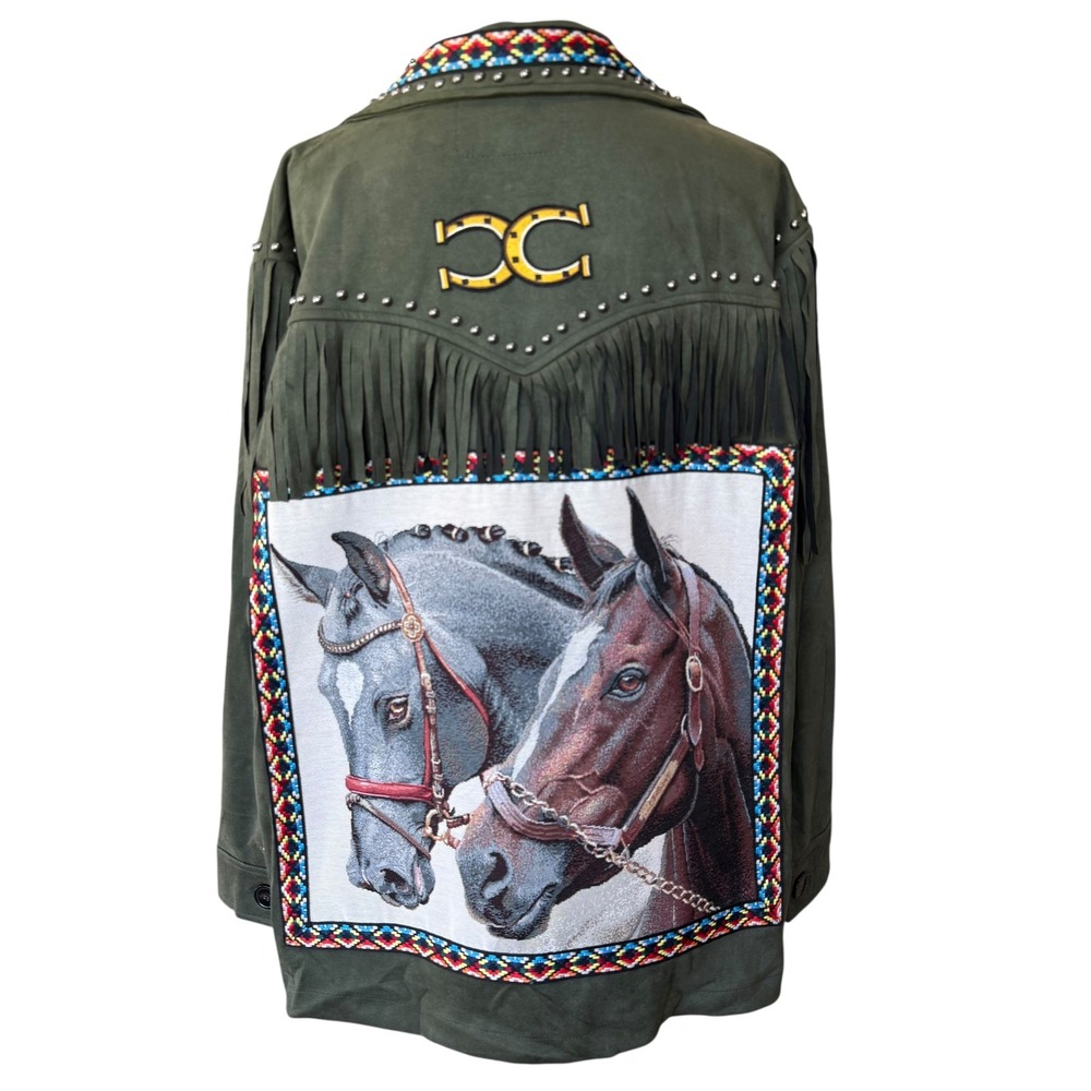 Lesal Upcycled Western Fringe Horse Tapestry‎ Jacket Olive Green XL